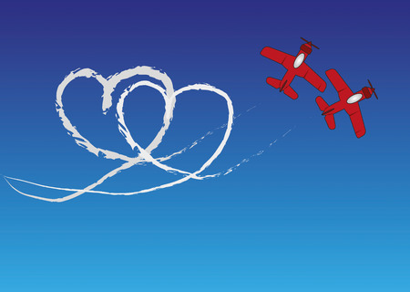 Two red planes are drawing a heartshape with contrails in the blue sky.のイラスト素材