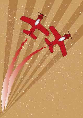 Two red planes with contrails flying over an abstract backgroundのイラスト素材
