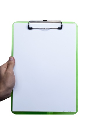 Young male hand holing report note pad in isolated white bacgkroundの写真素材