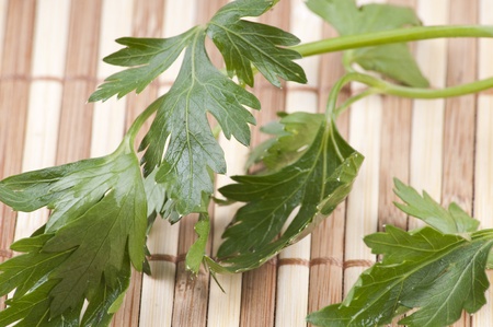 Parsley leaf on bamboo backgroundの写真素材