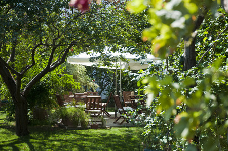 Green Garden  and Some wooden garden table very nice view in the nature Bodrum,Turkey