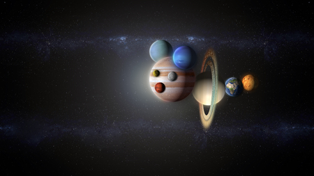 galactic puppet of planets flying into the spaceの写真素材