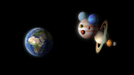 funny puppet watching planets earth, isolated on black backgroundの写真素材