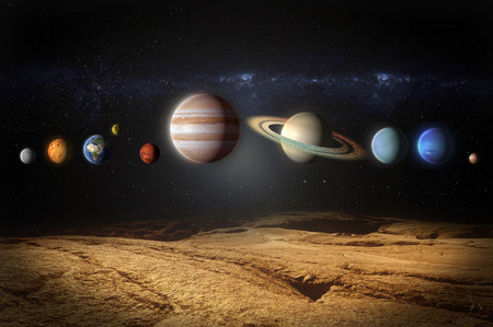 planets of the solar system aligned view from rocky planetの写真素材