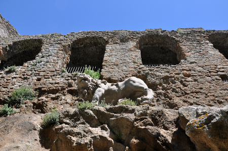 beautiful fountain featuring a lion statue on top of the fortress , Ancient Canale Monterano, Italyのeditorial素材