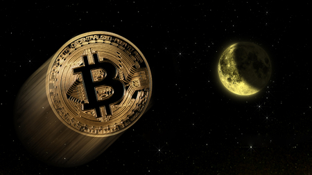 bitcoin to the moon, conceptual trading of an explosive increase value of the digital coinの写真素材