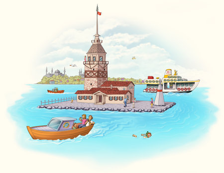 Maiden's Tower Maiden's tower boat ferry turkey istanbul historical places ancient city tourist cartoonの写真素材