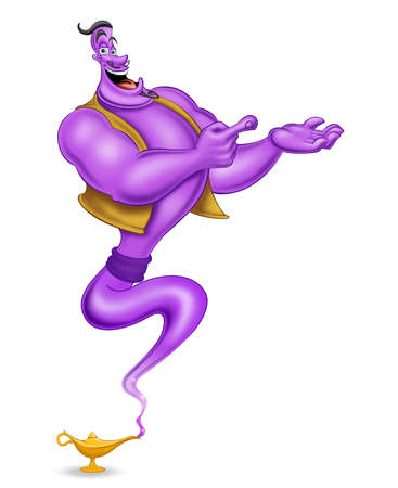 illustration of a cartoon genie with a lamp on a white background