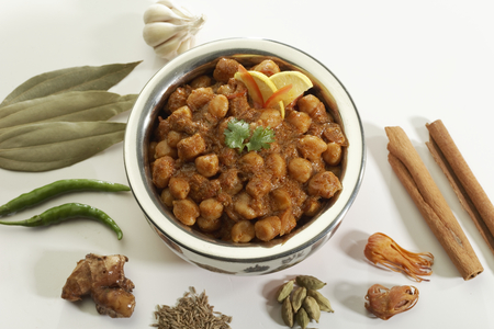 Indian Food Chana Masala in stainless steel pot.の写真素材