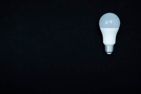 A modern, white LED light bulb with a standard screw base on a dark, textured black surface. Great for ideas, solutions, and copy space. Presented in the top right corner of the horizontal picture.の写真素材