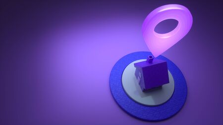 House and location pin on a violet purple dark background. Illustration for graphic design. House location pointer gps map and navigation. Glass light pointer. Stay Home. Quarantine concept. 3D renderの写真素材