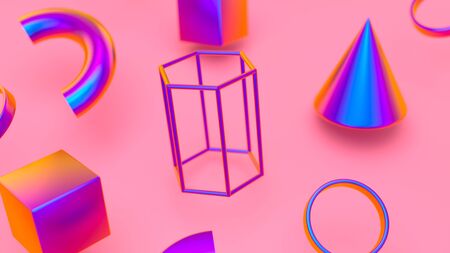 Abstract pink background with gradient colorful geometric elements. Objects 3d shape vector minimal poster. Pattern with geometric figures. Bright colors and minimalistic shapesの写真素材