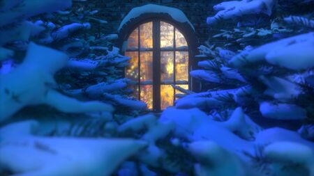 Winter village cottage landscape. Snowy forest. Christmas tree. Snowfall The winter vacation. View of the luminous window through the branches. Merry Christmas! 3D renderingの写真素材
