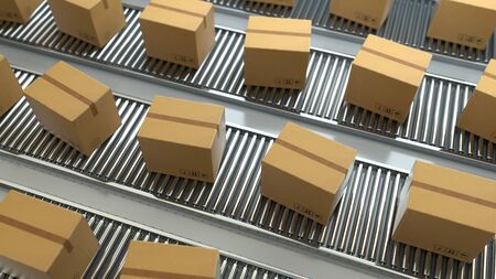 Cardboard boxes on conveyor belt line isolated on white gray background. Distribution warehouse....