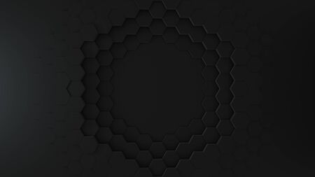 Abstract Honeycomb Background wide angle. Black 3D of hexagon beehive. Great modern trends. Light, minimal, moving hexagonal grid. Loopableの写真素材