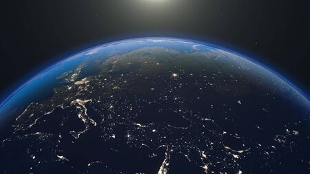 Planet earth globe at night. Highly detailed. Night sky with stars and nebula. View from space. Europe, sunrise, space, galaxy, map. 3d render illustrationの写真素材