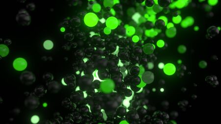 Abstract background with dynamic 3d render spheres. Plastic pastel black and green bubbles. Illustration of glossy balls. Modern trendy banner or poster design. Iriscent luminous glowの写真素材