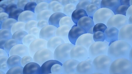Abstract translucent glow blue spheres of geometric shapes. Modern dark background design with spheres. Close up. 3D render illustrationの写真素材