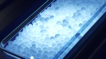 Abstract translucent glow blue spheres of geometric shapes. Modern dark background design with...