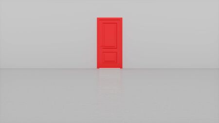 Light shines from red door opening in bright white room. Fills the space with bright white light. 3D renderの写真素材
