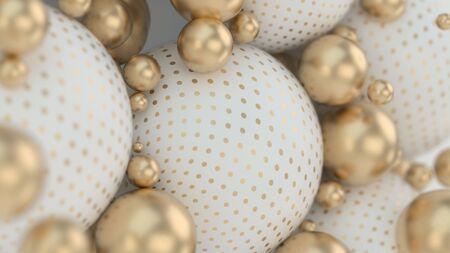 Abstract background with 3d spheres. Gold and white bubbles. Jewelry cover concept. Horizontal...