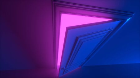 Door in a bright pink vivid neon room opens and fills the space with bright colorful light. Fills the dark space. 3D render opening door.の写真素材