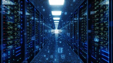 Modern interior server room data center. Connection and cyber network in dark servers. Backup, mining, hosting, mainframe, farm, cloud and computer rack with storage information. 3D renderingの写真素材