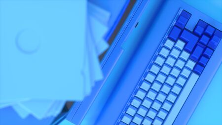 Blue Vintage Computer Keyboard and Floppy disks for computer data storage. Diskette sign. Minimalism modern concept. 3d illustration 3d renderの写真素材