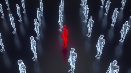 Social Distancing. People keep distance in public society. Dark blue background. In the center is a red person spreading an infection. Covid-19. Health care concept. 3D renderingの写真素材