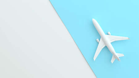 White plane on the blue runway. Top view and white background. Minimal idea concept. Aircraft travel concept. Empty mock up geometric shape in pastel colors. 3d renderingの写真素材