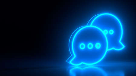 Futuristic glowing blue neon dialog symbol on black dark background with blurred reflection. Chat...