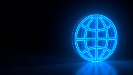 Futuristic glowing blue neon globe sphere symbol on black dark background with blurred reflection. For geography and knowledge. Global Internet symbol. 3d renderingの写真素材