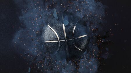 Black Basketball ball with Gold Metallic Line on cracked dark wall. White swirling smoke and orange sparks. 3d rendering

の写真素材
