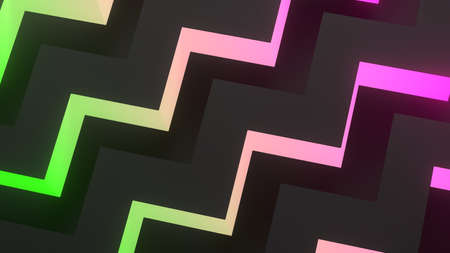Abstract modern composition with colorful gradient green, pink, vivid purple geometric shapes on black background. Minimalistic design for web, poster, cover, branding, banner, placard. 3d renderingの写真素材