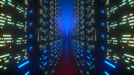 Modern interior server room data center. Connection and cyber network in dark servers. Backup,...