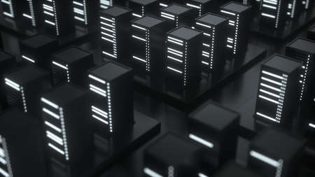 Abstract composition of database. Server stack concept in black with glowing bulbs and indicators on a black background. Backup, mining, hosting, mainframe, farm, cloud and computer rack. 3D renderingの写真素材