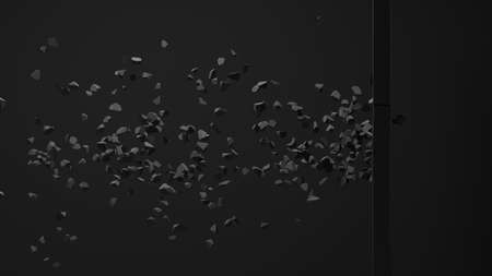 Abstract composition of cracked surface. A bullet or stone pierces a black square on a black gray background. Animated cgi background with a broken shape and flying small particles. 3d renderingの写真素材