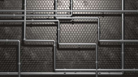 A system of steel pipes on a dark background of an iron wall with circular patterns. Metal pipeline. 3d renderingの写真素材