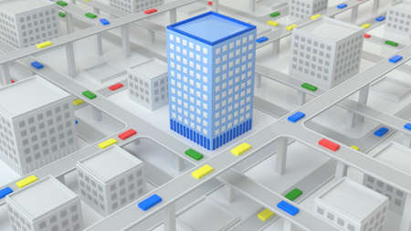 Traffic of multicolored primitive box cars of the abstract city in the daytime. The concept of urban...