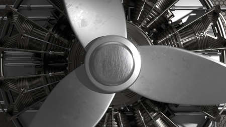 Blades of a jet engine or fan, helicopter, ship. Chrome and metal. Close-up. 3d rendering