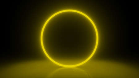 Circle neon yellow light in black hall room. Abstract geometric background. Futuristic concept. Glowing in concrete floor room with reflections. 3d renderingの写真素材