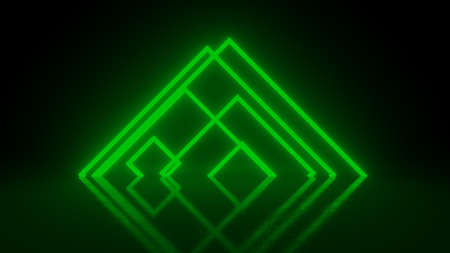 Pyramid consisting of green abstract neon glowing light stripes on black background. Luminous lines...