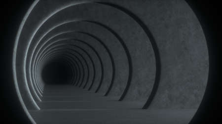 Gray concrete tunnel with dramatic light and dark at the end. Abstract background. Repeating pattern of flights. 3d renderingの写真素材