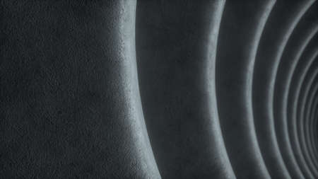 Gray concrete tunnel with dramatic light and dark at the end. Abstract background. Repeating pattern of flights. Close up, depth of field. 3d renderingの写真素材