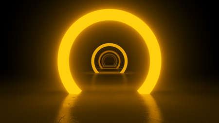 Circle neon orange light in black hall room. Abstract geometric background. Corridor of forms. Futuristic concept. Glowing in concrete floor room with reflections. 3d renderingの写真素材