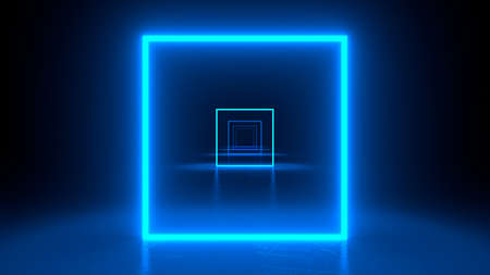 Square neon blue light in black hall room. Abstract geometric background. Corridor of forms. Futuristic concept. Glowing in concrete floor room with reflections. 3d renderingの写真素材