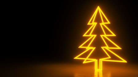 Christmas tree, orange neon glow icon on darkness black background. Abstract winter holiday concept. Blank empty space for your copy or another design. 3D rendering illustrationの写真素材