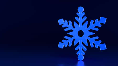 Blue snowflake. Glows symbol on darkness blue black background. New Year or Christmas decoration element. Realistic holiday ornament. 3d rendering illustrationの写真素材