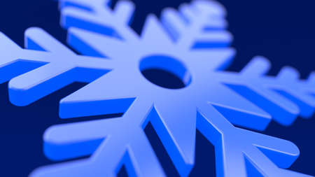Blue snowflake. Glows symbol on darkness blue black background. New Year or Christmas decoration element. Realistic holiday ornament. Close up, depth of field. 3d rendering illustrationの写真素材