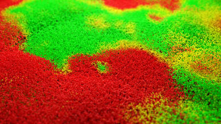 Abstract background with green red yellow floating particles with depth of field. Wave with many...
